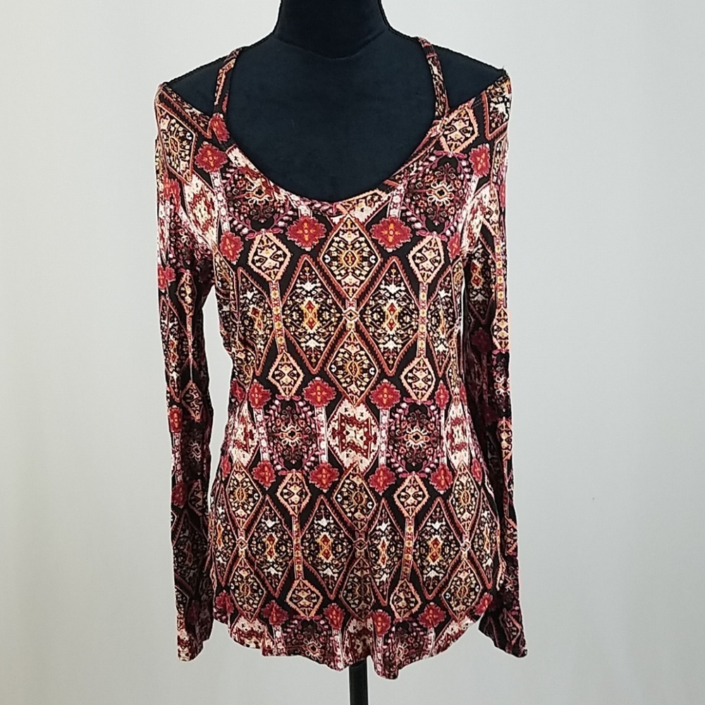 Ultra‎ Flirt women L cold collar cutout neck top long sleeve hi-low boho hippie